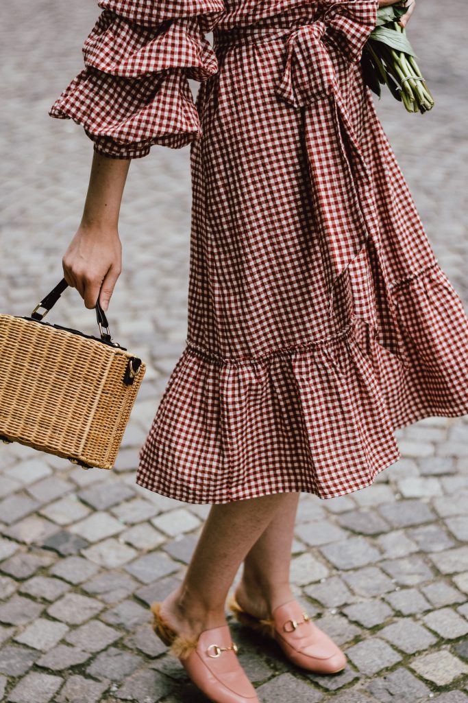 Summer Style How To Wear A Midi Gingham Dress With Mules Couturezilla Zara Red Midi Gingham Dress Furry Pink Gucci Mules Loafers Blush