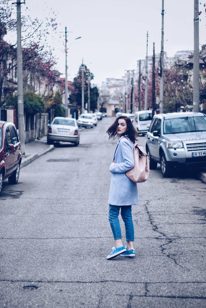 Baby blue outfit and pastel backpack by Andreea Birsan