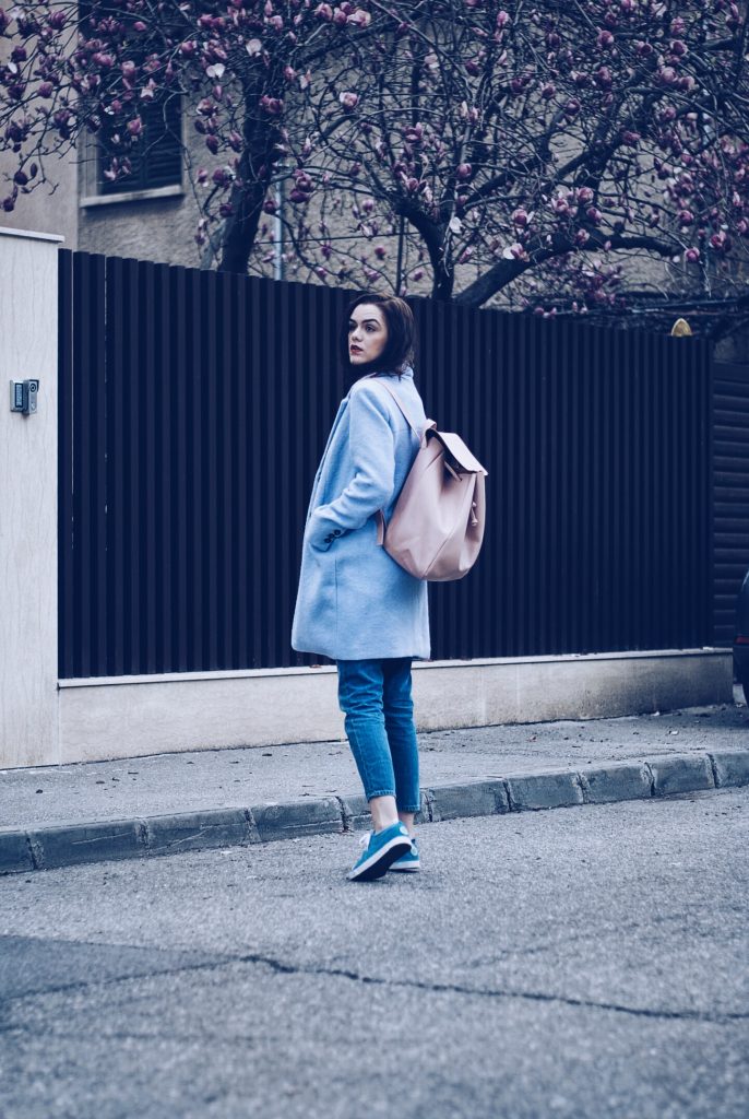 Baby blue outfit and pastel backpack by Andreea Birsan