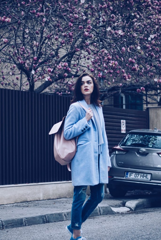 Baby blue outfit and pastel backpack by Andreea Birsan