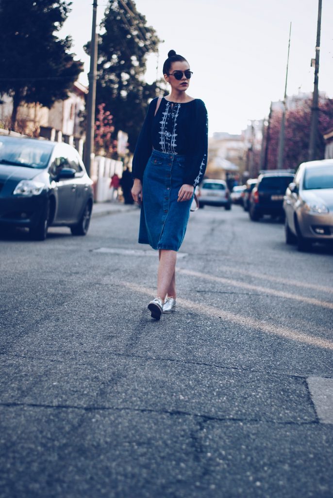 Midi denim skirt, embroidered shirt, silver shoes, backpack, soreal sunglasses by Andreea Birsan