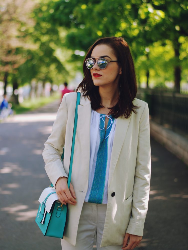 Cream blazer, so real sunglasses, off shoulder blouse, white straight trousers, white sneakers, color block crossbody bag, spring outfit by Andreea Birsan