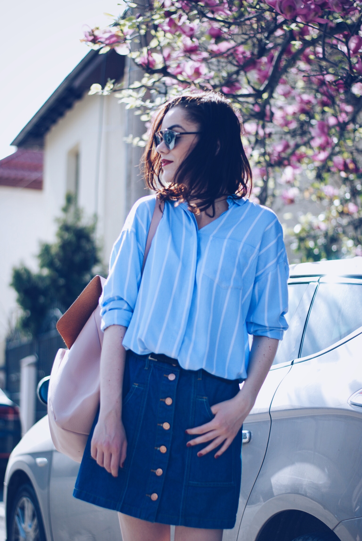 Denim Button front Skirt, Striped Shirt, SilverShoes, Backpack by Andreea Birsan