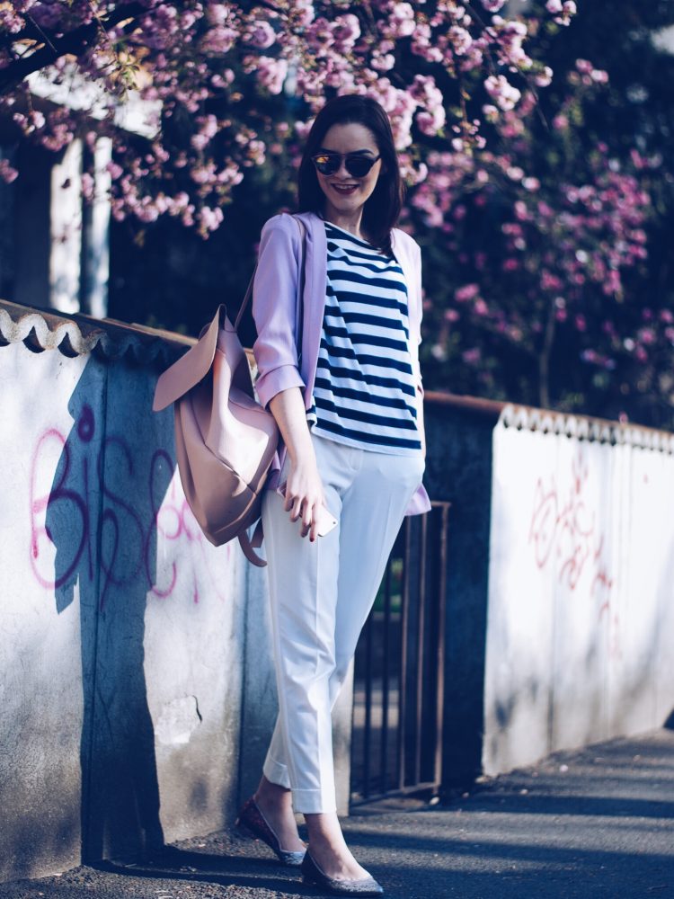 Glitter flats, white trousers, striped top, pastel blazer by Andreea Birsan