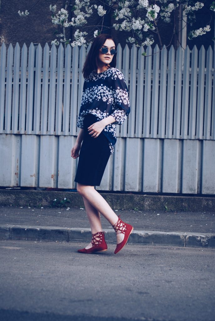 Pencil skirt, floral print blouse, red lace up flats, so real sunglasses by Andreea Birsan