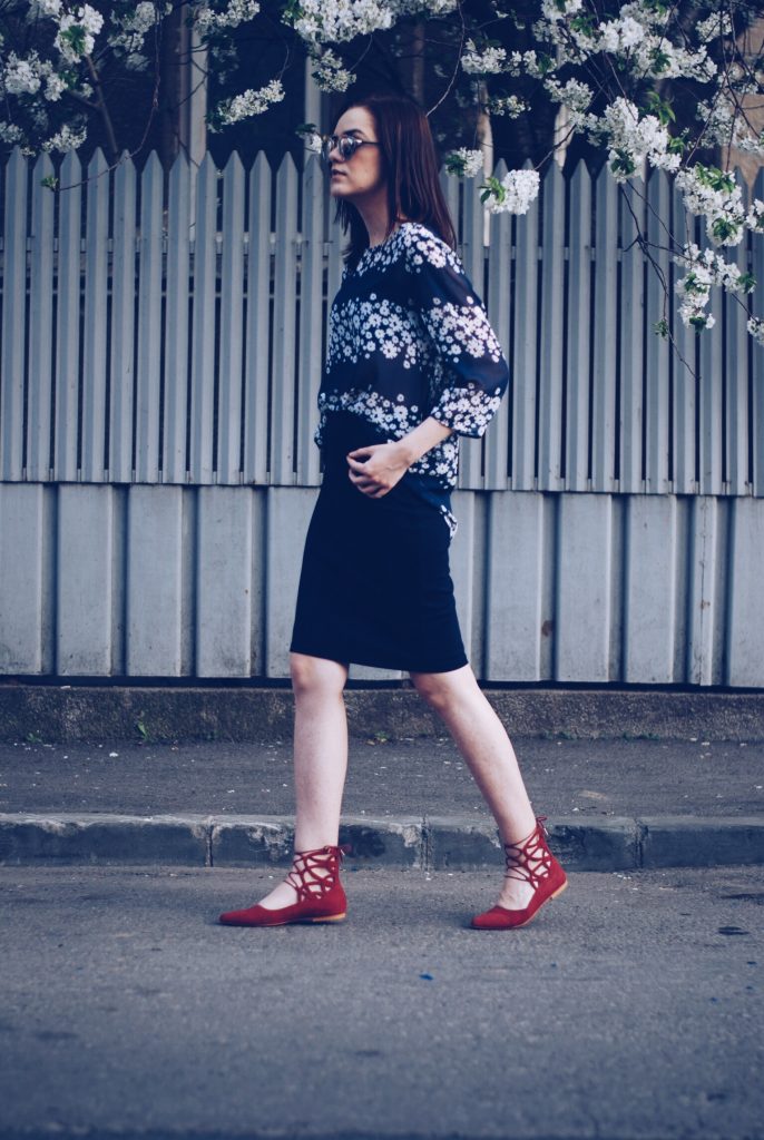 Pencil skirt, floral print blouse, red lace up flats, so real sunglasses by Andreea Birsan