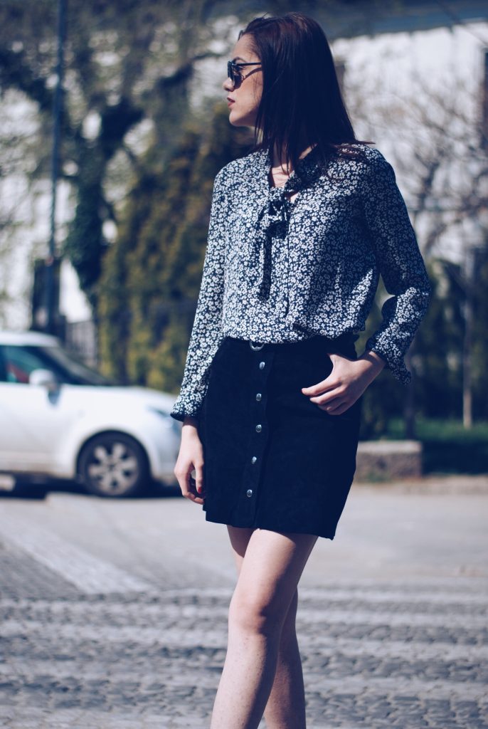 Suede button front skirt, pussy bow blouse, white sneakers by Andreea Birsan