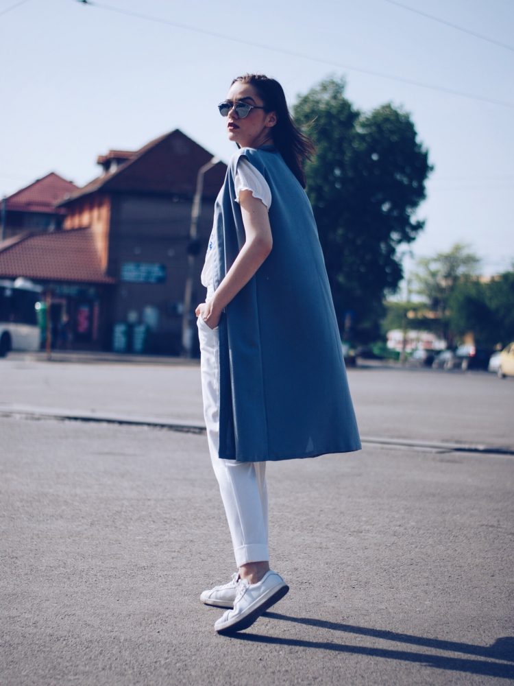 White outfit, white embroidered shirt, white trousers, white sneakers, so real sunglasses, grey vest by Andreea Birsan