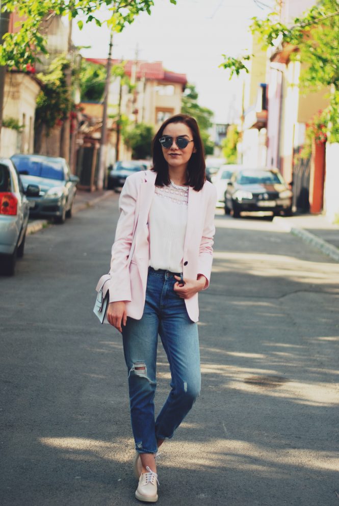 Pink blazer, white ruffle top, distressed boyfriend jeans, pink oxford shoes, color block crossbody bag, so real sunglasses, spring outfit by Andreea Birsan