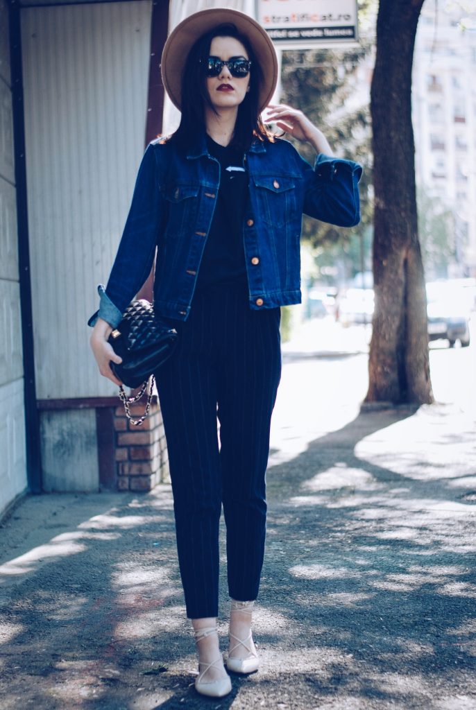 Pinstripe pants, camel hat, black tshirt, denim jacket, sunglasses, beige lace up flats, spring outfit by Andreea Birsan