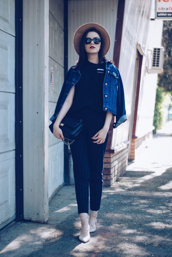 Pinstripe pants, camel hat, black tshirt, denim jacket, sunglasses, beige lace up flats, spring outfit by Andreea Birsan