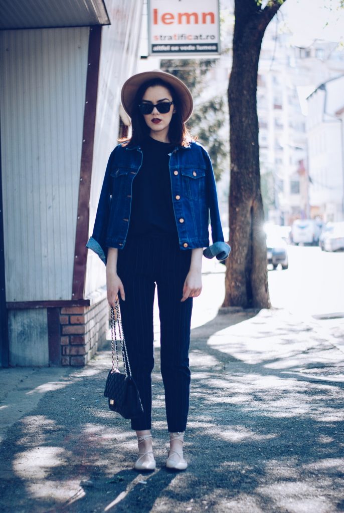 Pinstripe pants, camel hat, black tshirt, denim jacket, sunglasses, beige lace up flats, spring outfit by Andreea Birsan