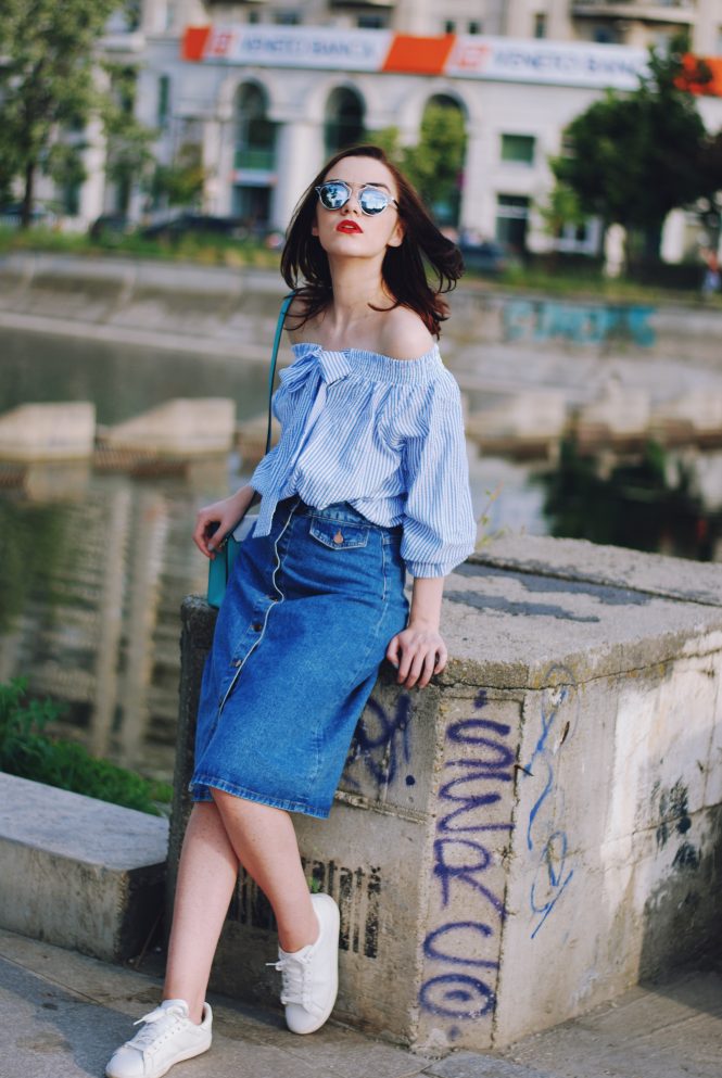 Striped off shoulder top, midi denim button front skirt, color block crossbody bag, white sneakers, so real sunglasses, summer outfit by Andreea Birsan