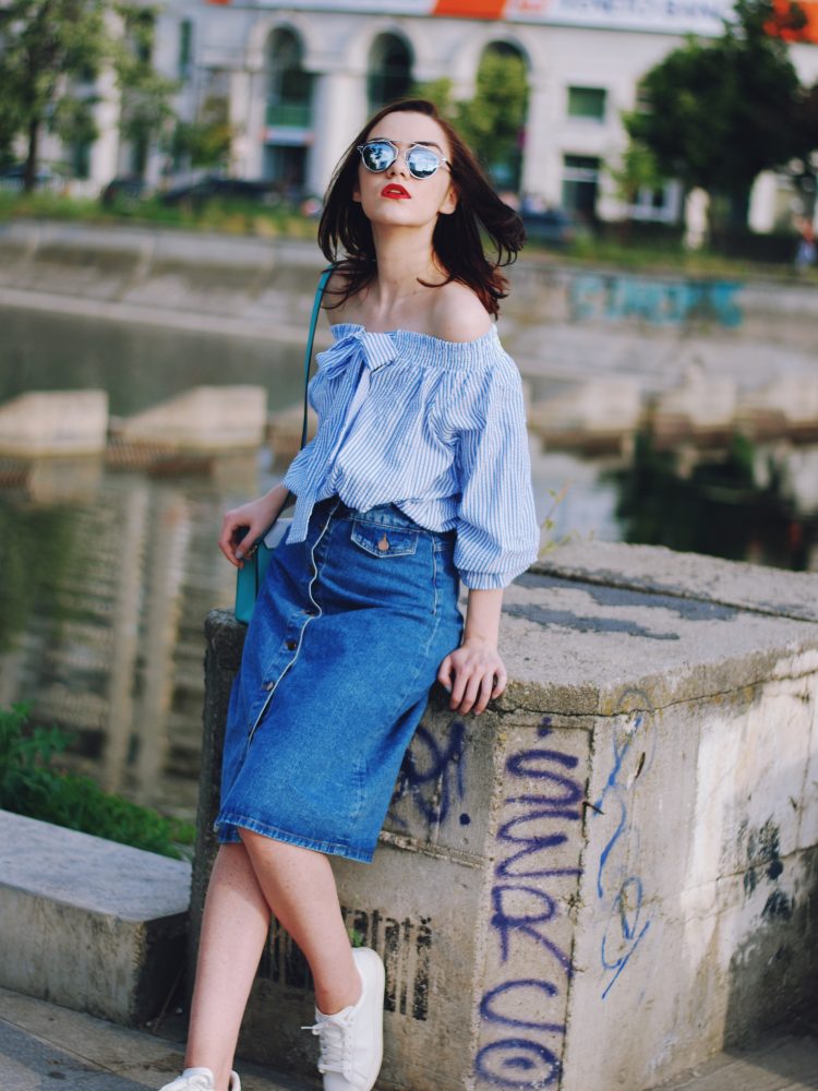 Striped off shoulder top, midi denim button front skirt, color block crossbody bag, white sneakers, so real sunglasses, summer outfit by Andreea Birsan