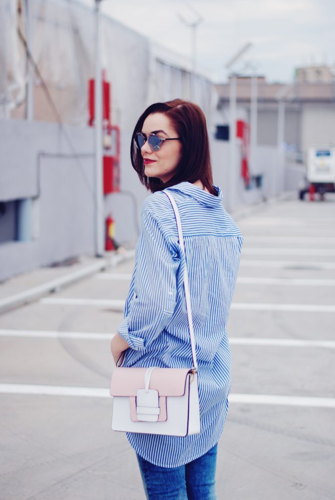 Striped shirt, distressed skinny jeans, color block crossbody bag, pink oxford shoes, so real sunglasses, spring outfit by Andreea Birsan.jpg