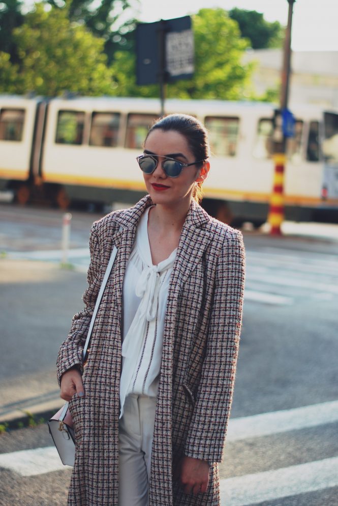 Tweed jacket, white pussy blouse, white trousers, white sneakers, color block crossbody bag, so real sunglasses, white outfit, spring outfit by Andreea Birsan