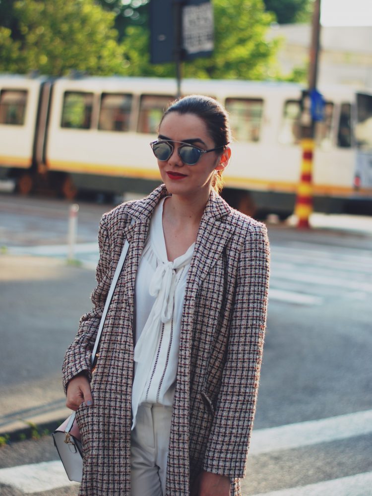 Tweed jacket, white pussy blouse, white trousers, white sneakers, color block crossbody bag, so real sunglasses, white outfit, spring outfit by Andreea Birsan