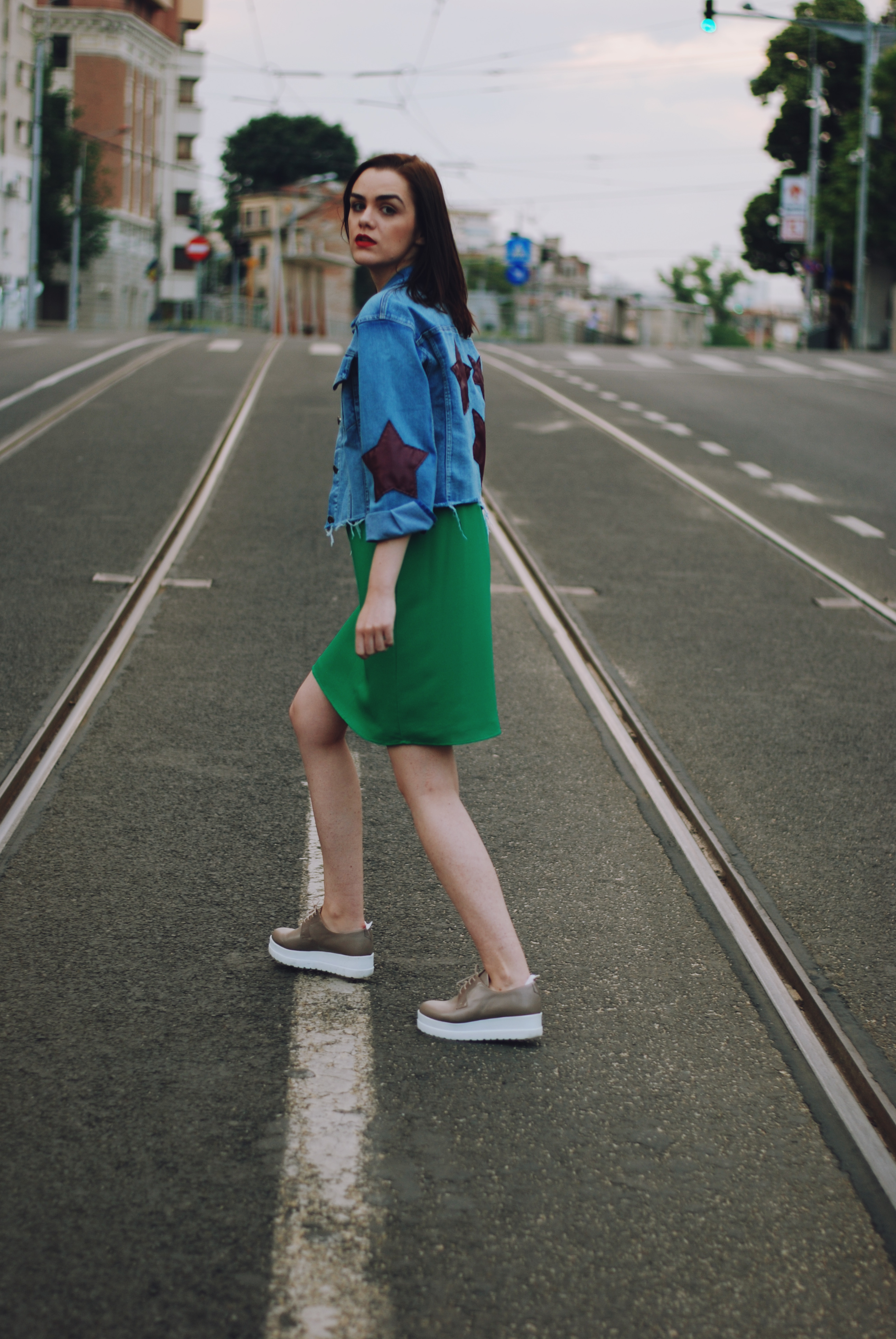 Green dress, star patches denim jacket, platform nude shoes, so real sunglasses, summer outfit, casual dress outfit by Andreea Birsan