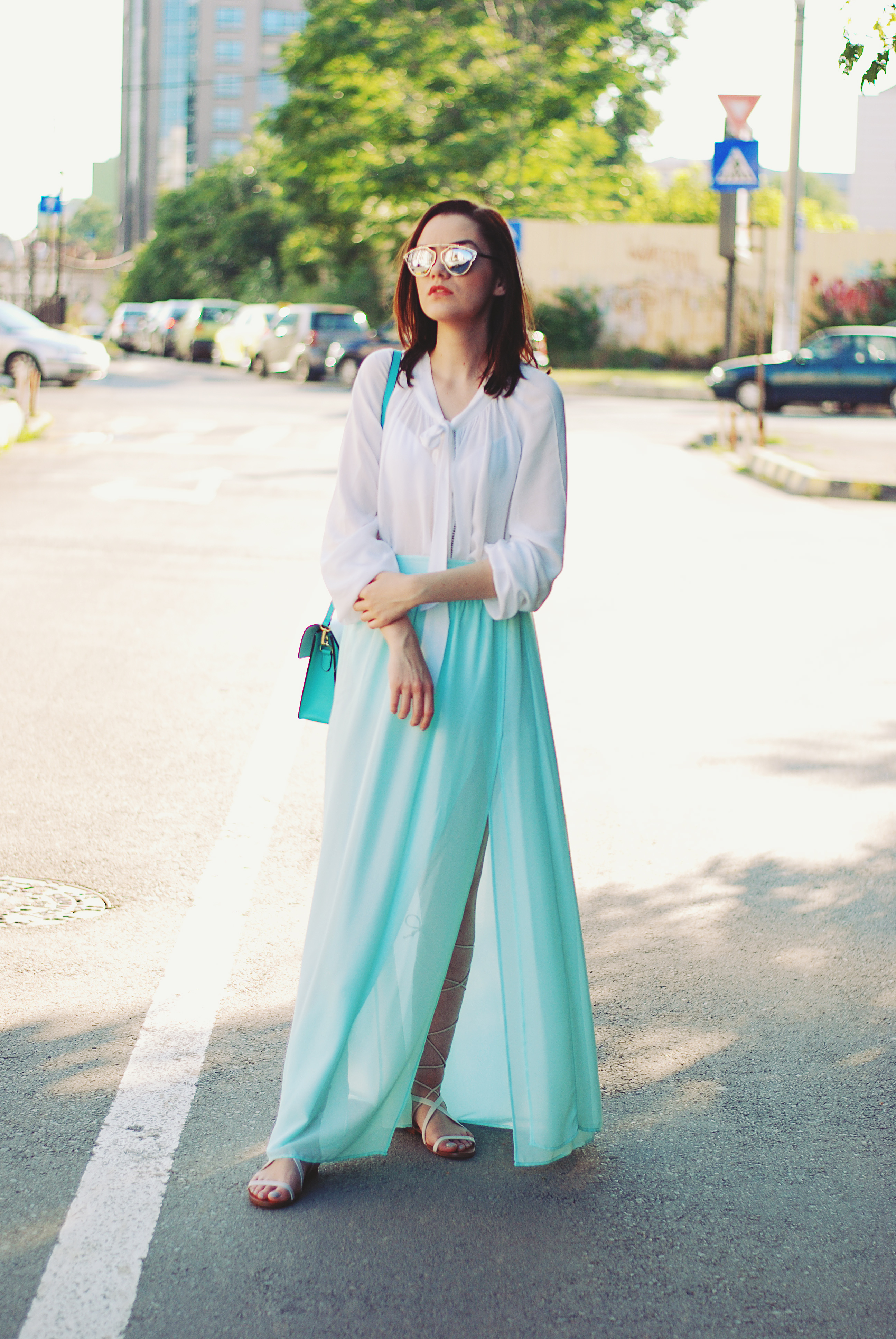 Mint maxi skirt, white pussy bow blouse, so real sunglasses, color block crossbody bag, lace up sandals, summer outfit, romantic outfit by Andreea