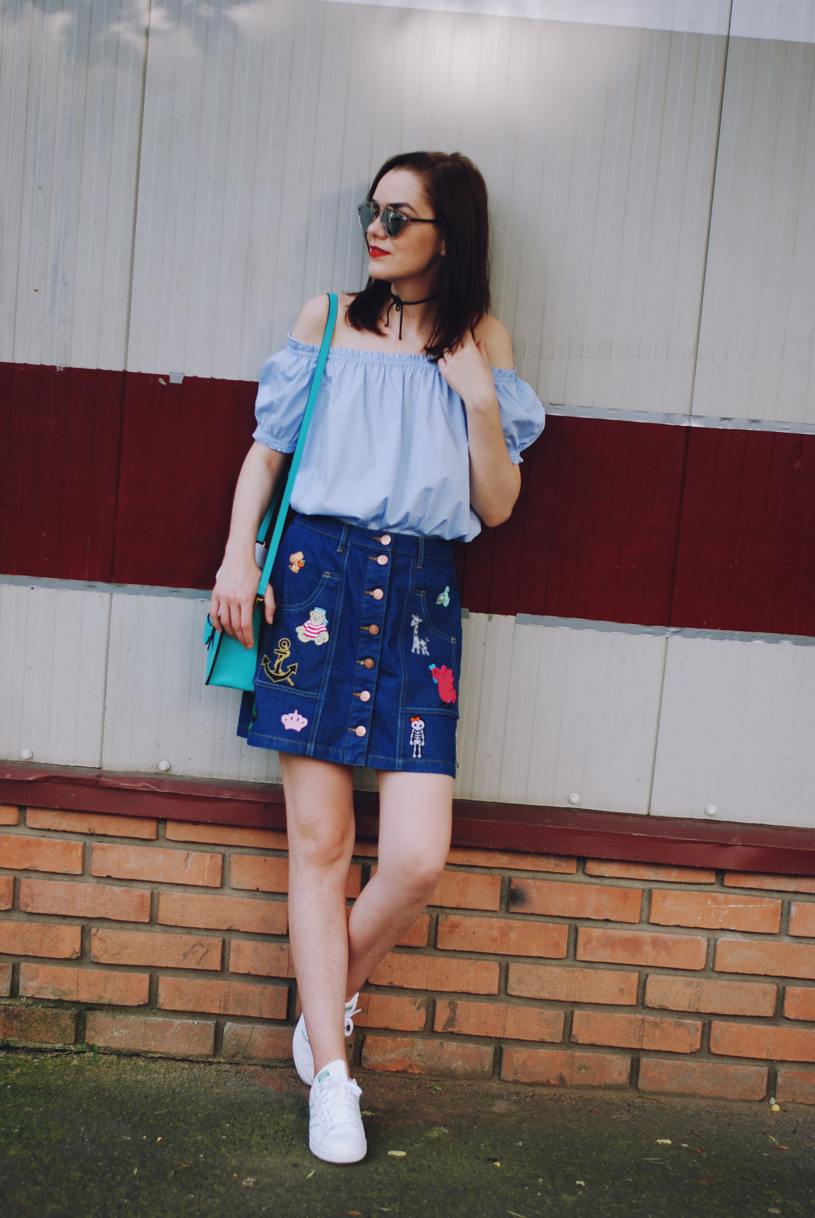 Patched denim skirt, denim button front skirt, patches, off shoulder top, christian dior sunglasses, white sneakers, stan smith sneakers, colorblock crossbody bag, cute summer outfit, Andreea Birsan