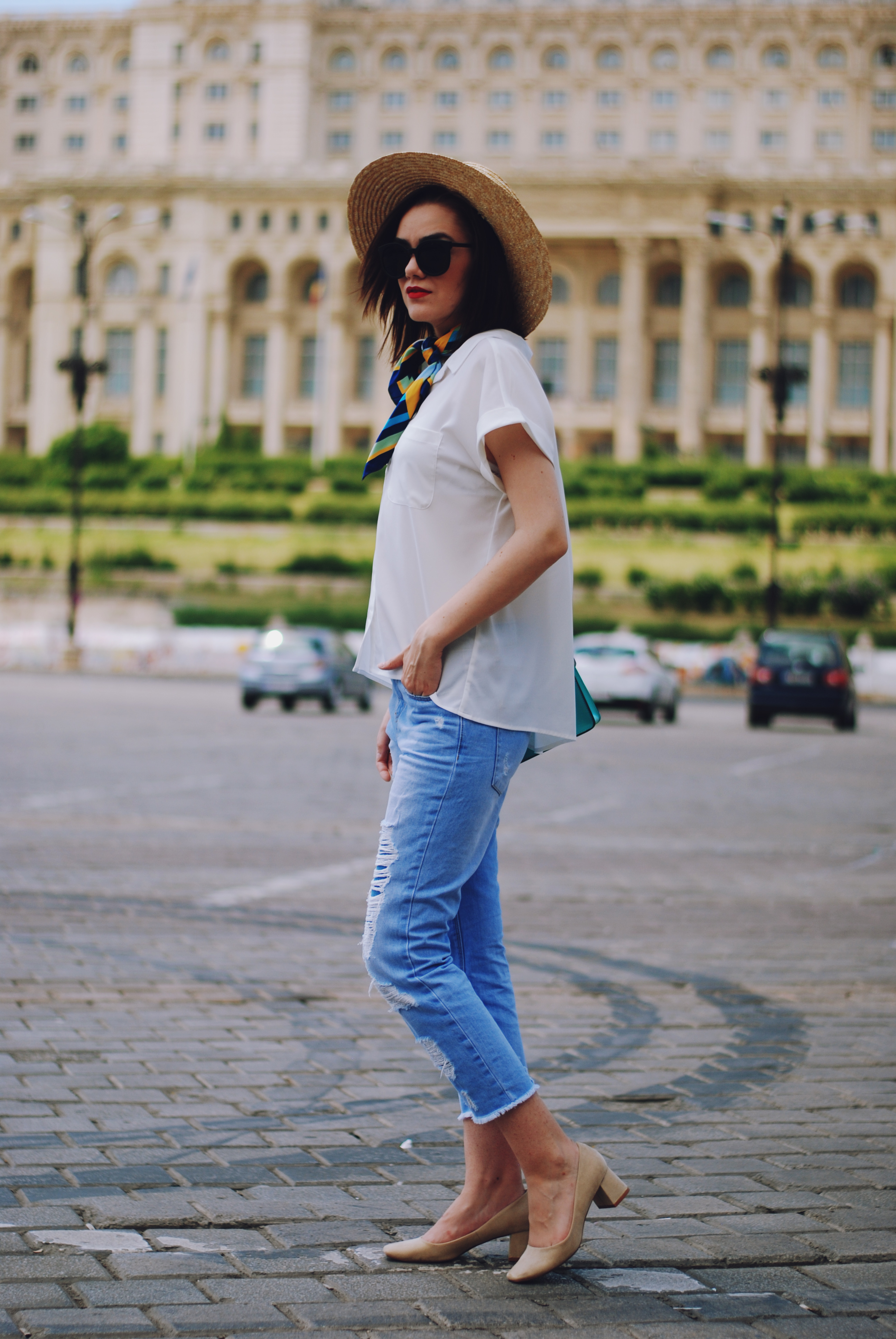 Distressed boyfriend jeans, straw hat, black sunglasses, white shirt, beige suede pumps, neck silky scarf, crossbody bag, cute summer outfit, Andreea Birsan