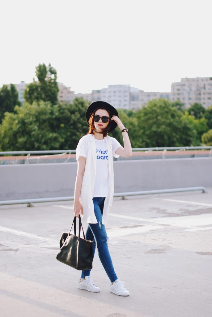 Distressed skinny jeans, white tshirt, white waistcoat vest, stan smith white sneakers, black hat, chocker, black sunglasses, furla black tote, summer outfit, bellabeat leaf, Andreea Birsan