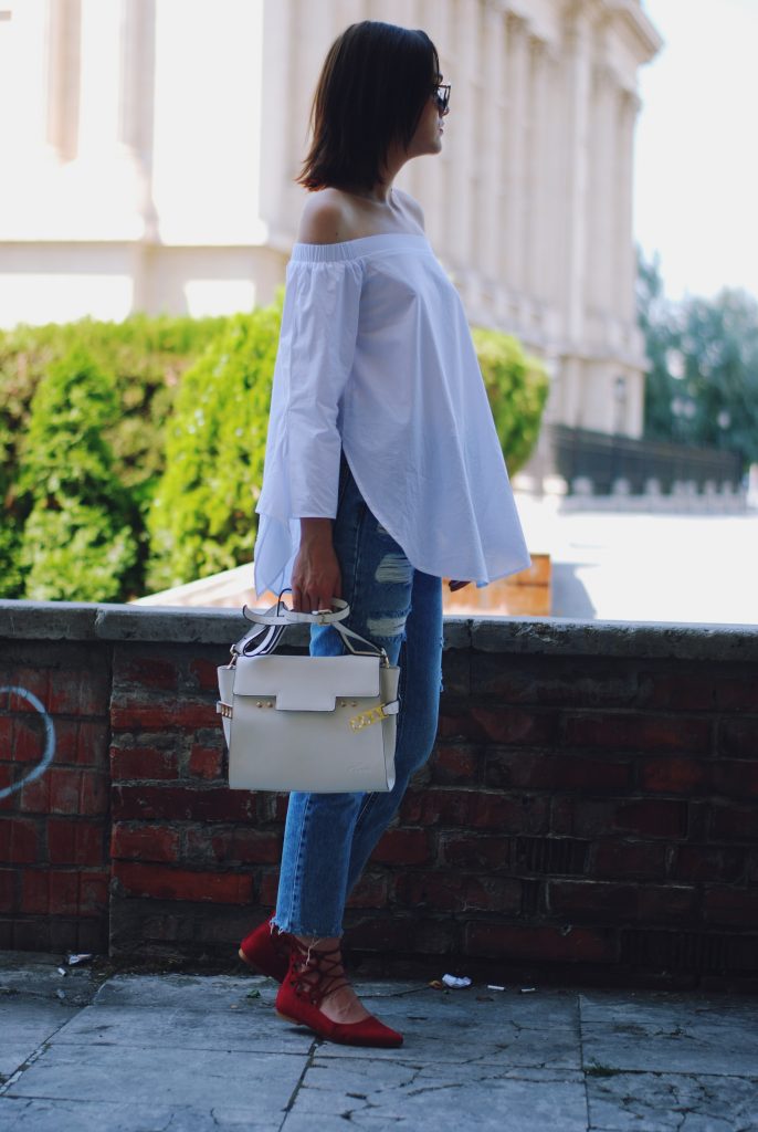 Mom jeans, dior sunglasses, white off shoulder top, red lace up flats, white crossbody bag, cute summer outfit, Andreea Birsan