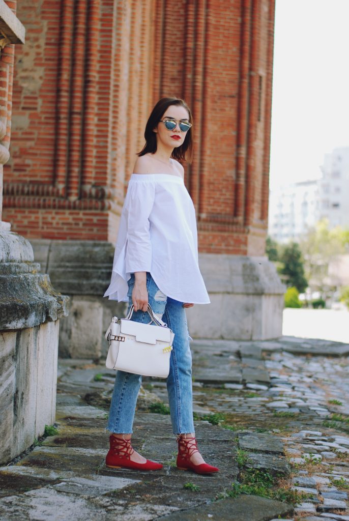 Mom jeans, dior sunglasses, white off shoulder top, red lace up flats, white crossbody bag, cute summer outfit, Andreea Birsan