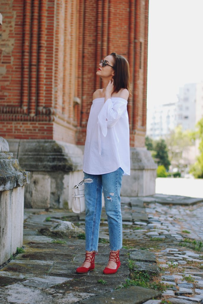 Mom jeans, dior sunglasses, white off shoulder top, red lace up flats, white crossbody bag, cute summer outfit, Andreea Birsan