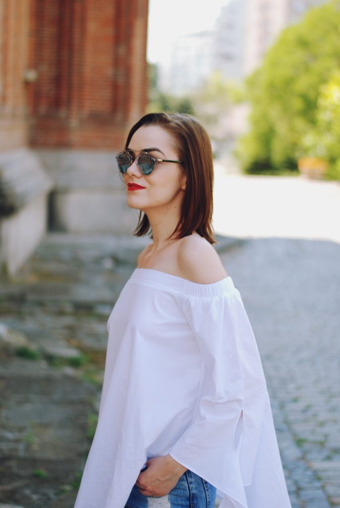 Mom jeans, dior sunglasses, white off shoulder top, red lace up flats, white crossbody bag, cute summer outfit, Andreea Birsan