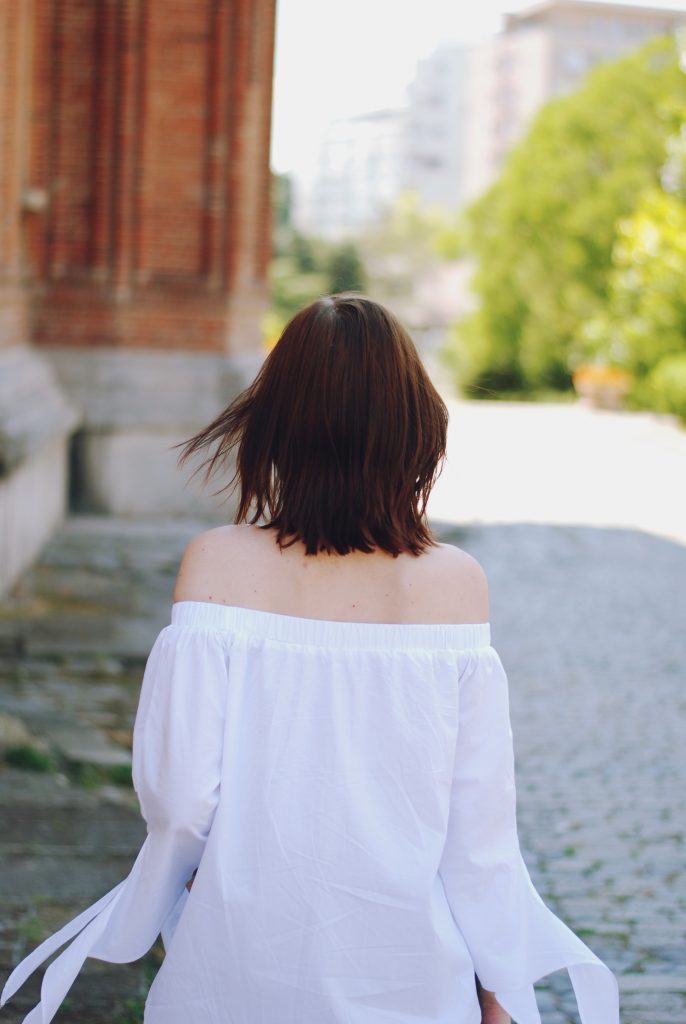 Mom jeans, dior sunglasses, white off shoulder top, red lace up flats, white crossbody bag, cute summer outfit, Andreea Birsan