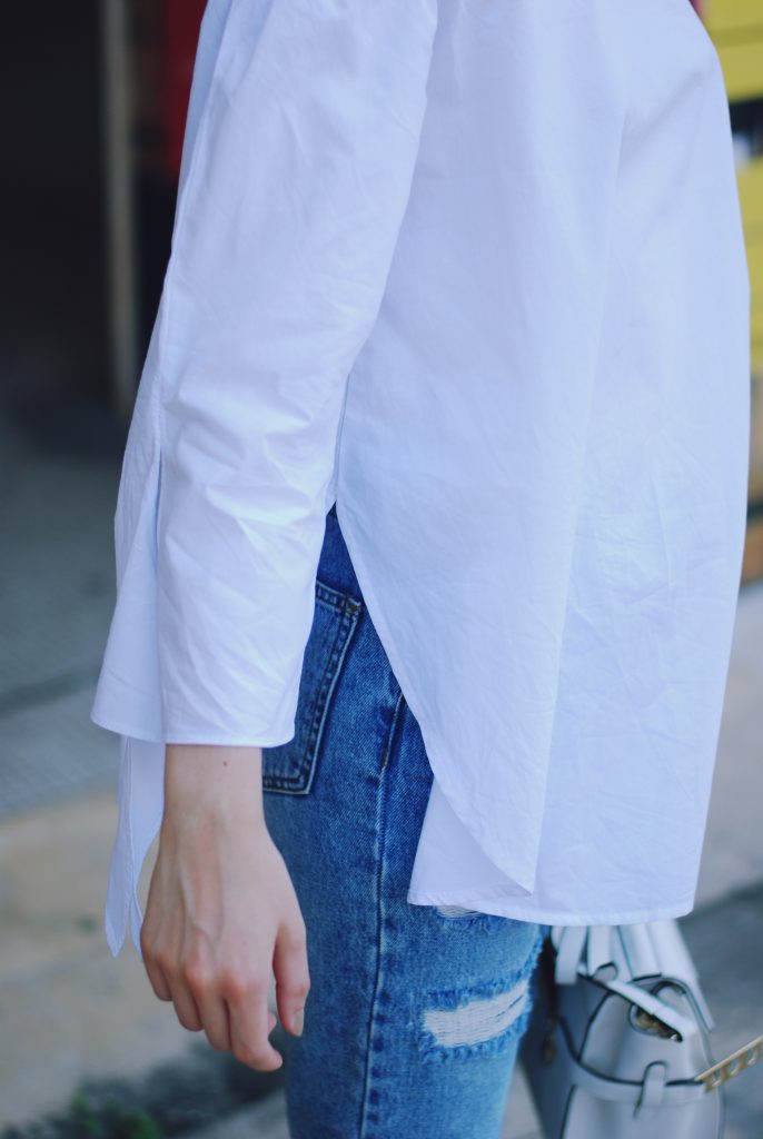 Mom jeans, dior sunglasses, white off shoulder top, red lace up flats, white crossbody bag, cute summer outfit, Andreea Birsan