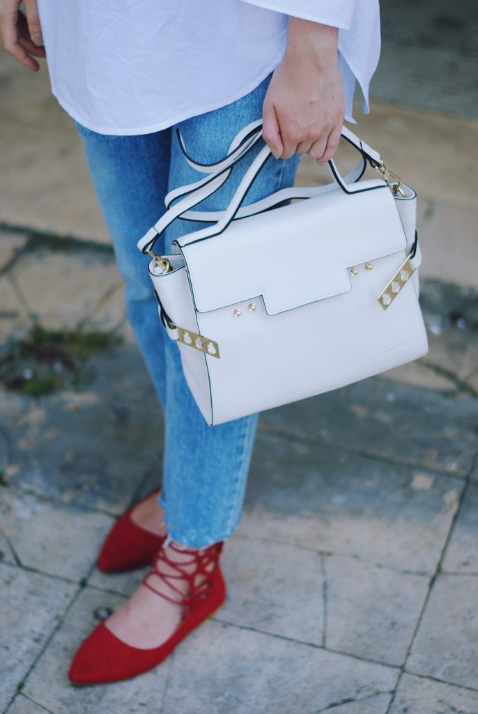 Mom jeans, dior sunglasses, white off shoulder top, red lace up flats, white crossbody bag, cute summer outfit, Andreea Birsan