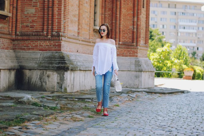 Mom jeans, dior sunglasses, white off shoulder top, red lace up flats, white crossbody bag, cute summer outfit, Andreea Birsan