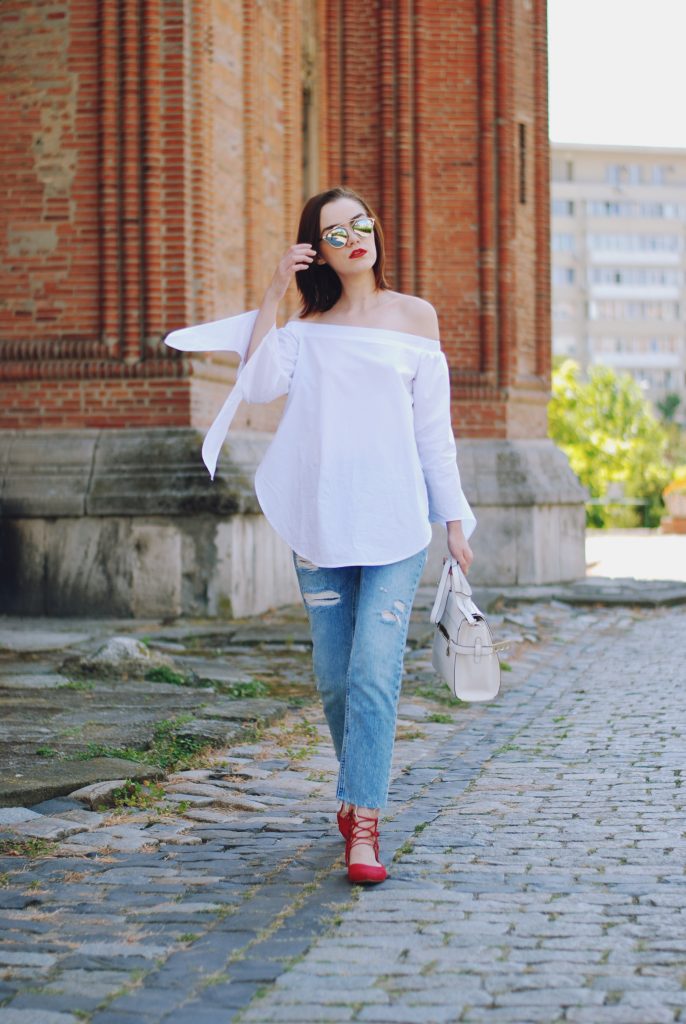 Mom jeans, dior sunglasses, white off shoulder top, red lace up flats, white crossbody bag, cute summer outfit, Andreea Birsan