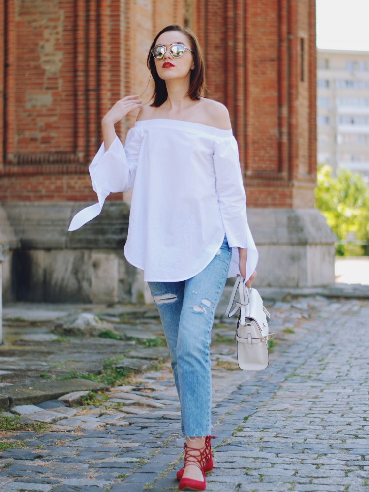 Mom jeans, dior sunglasses, white off shoulder top, red lace up flats, white crossbody bag, cute summer outfit, Andreea Birsan