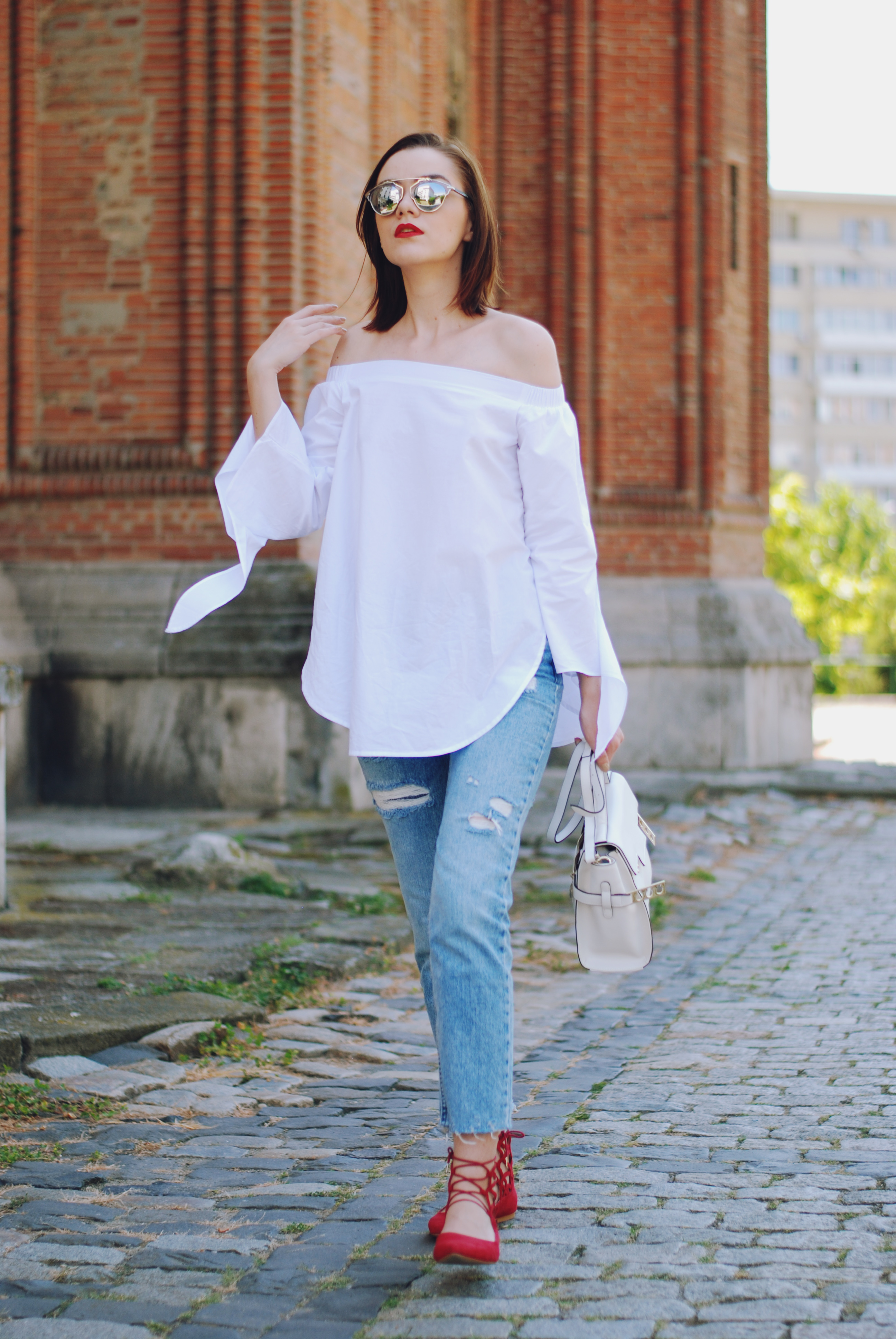 Mom jeans, dior sunglasses, white off shoulder top, red lace up flats, white crossbody bag, cute summer outfit, Andreea Birsan