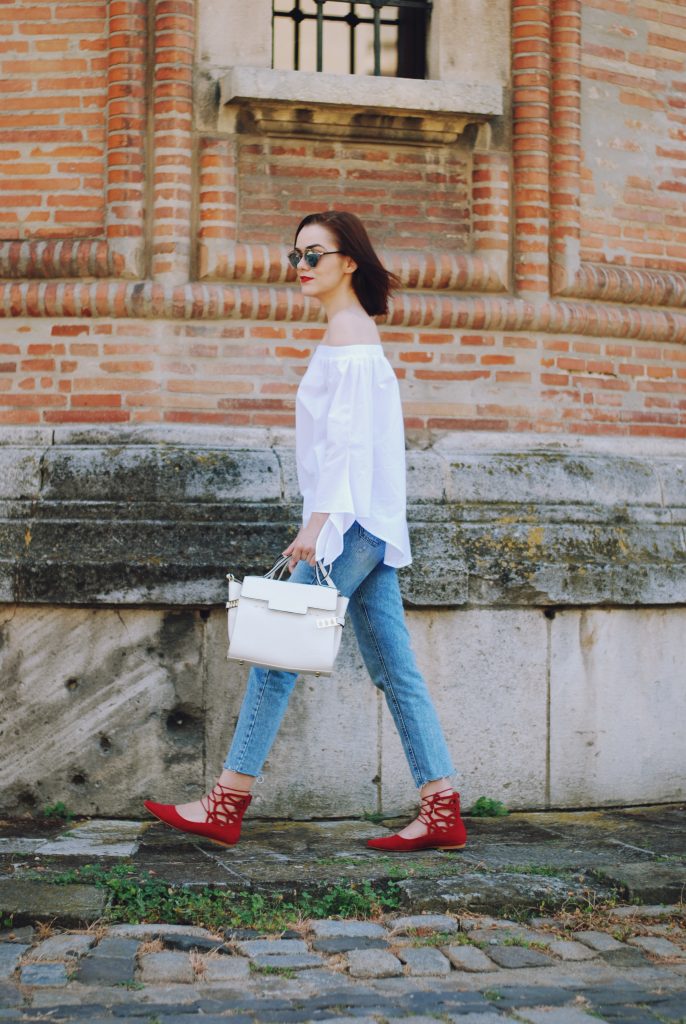 Mom jeans, dior sunglasses, white off shoulder top, red lace up flats, white crossbody bag, cute summer outfit, Andreea Birsan