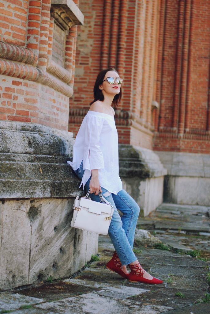 Mom jeans, dior sunglasses, white off shoulder top, red lace up flats, white crossbody bag, cute summer outfit, Andreea Birsan