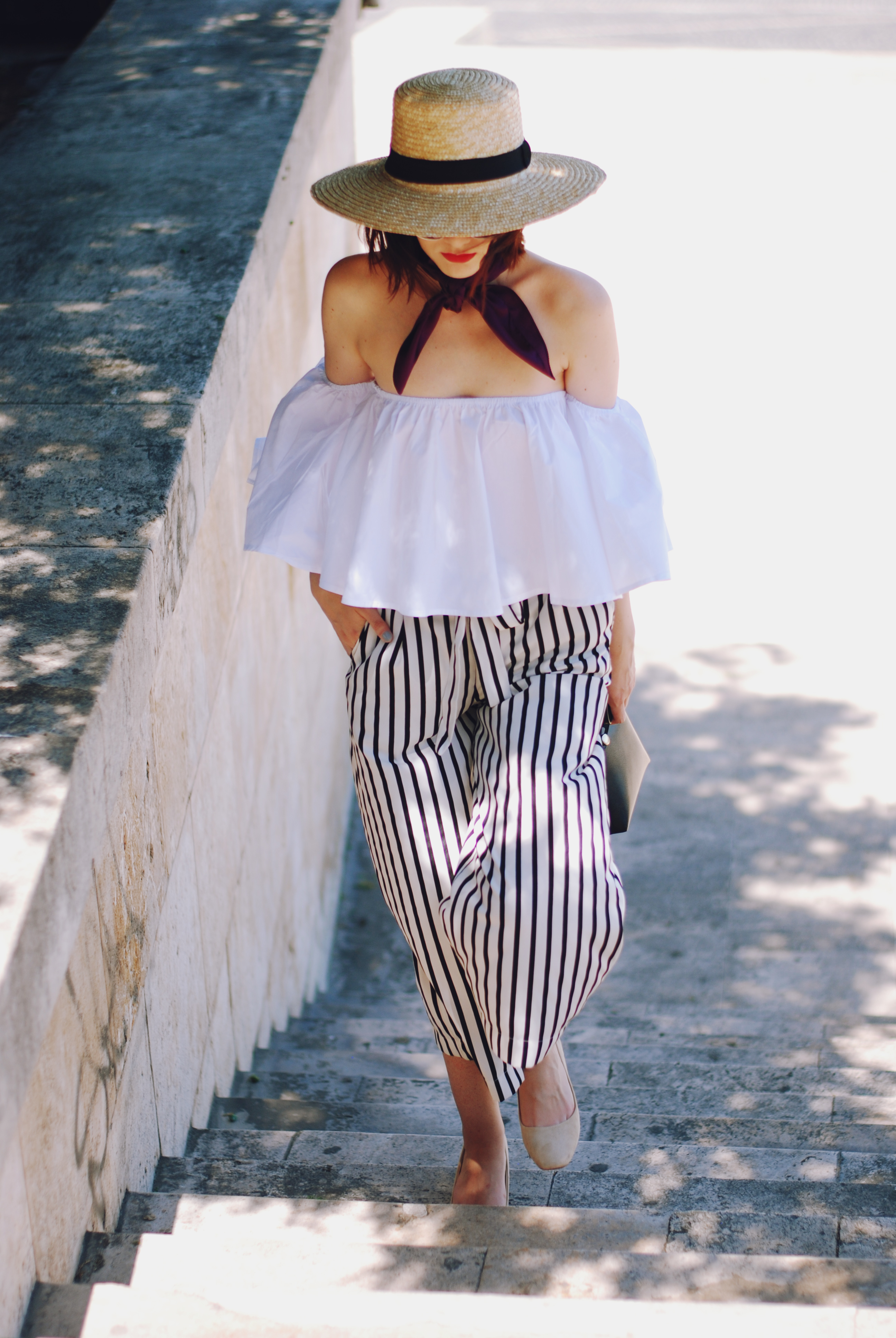 Straw hat, Dior sunglasses, white off shoulder top, zara striped culottes, furla crossbody bag, silk scarf, beige suede pumps, chic summer outfit, Andreea Birsan