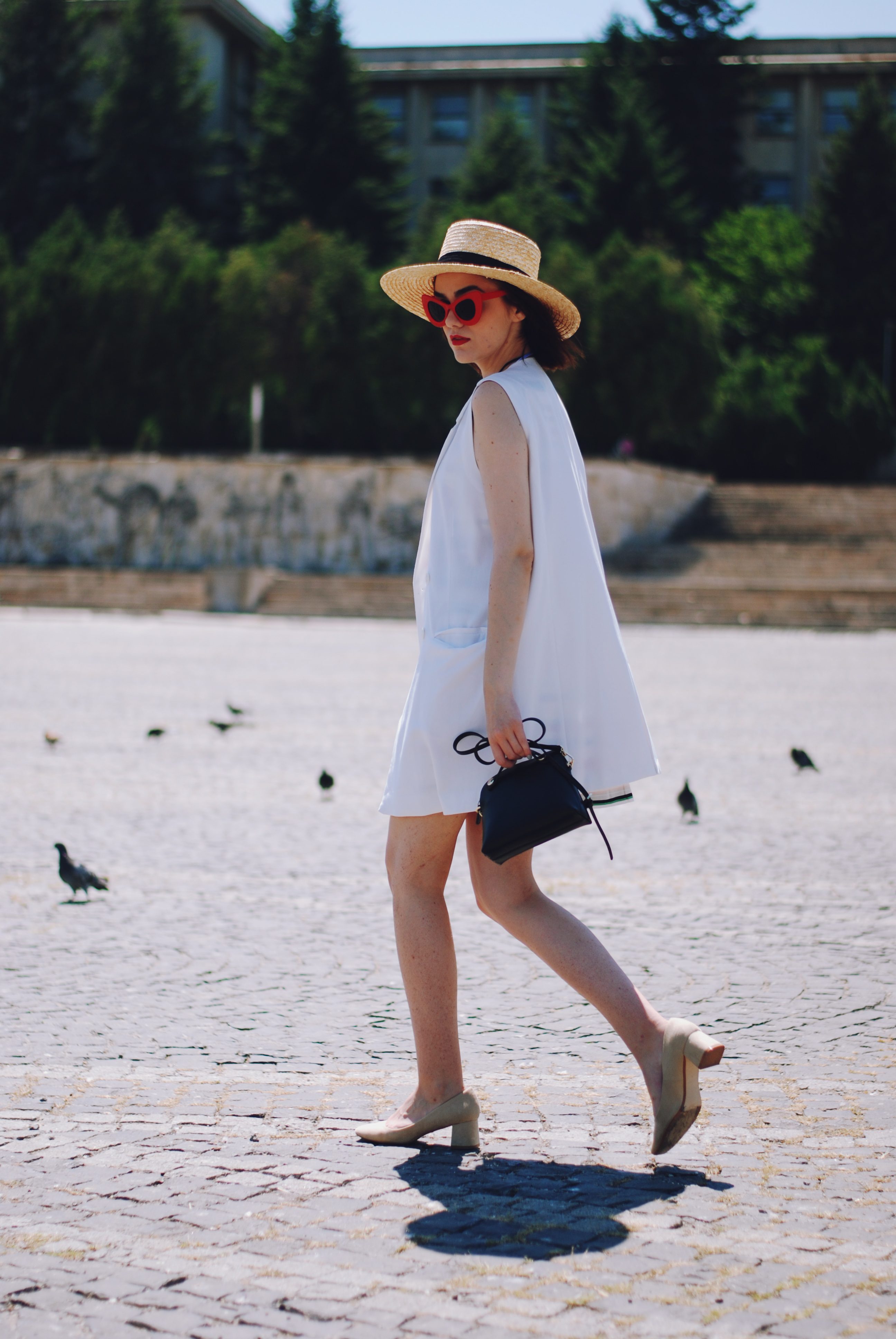 Straw hat, striped dress, white waistcoat vest, furla crossbody bag, beige suede pumps, red sunglasses, cute summer outfit, Andreea Birsan