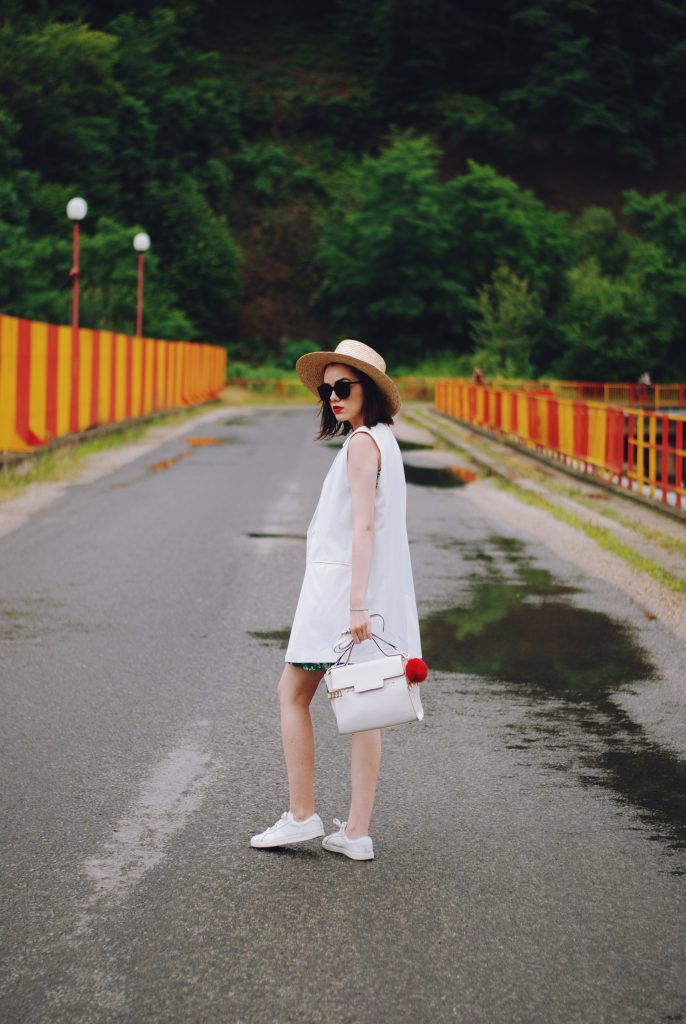 Zara print dress, belt, white waistcoat vest, white sneakers, straw hat, sunglasses, white crossbody bag, cute summer outfit, Andreea Birsan