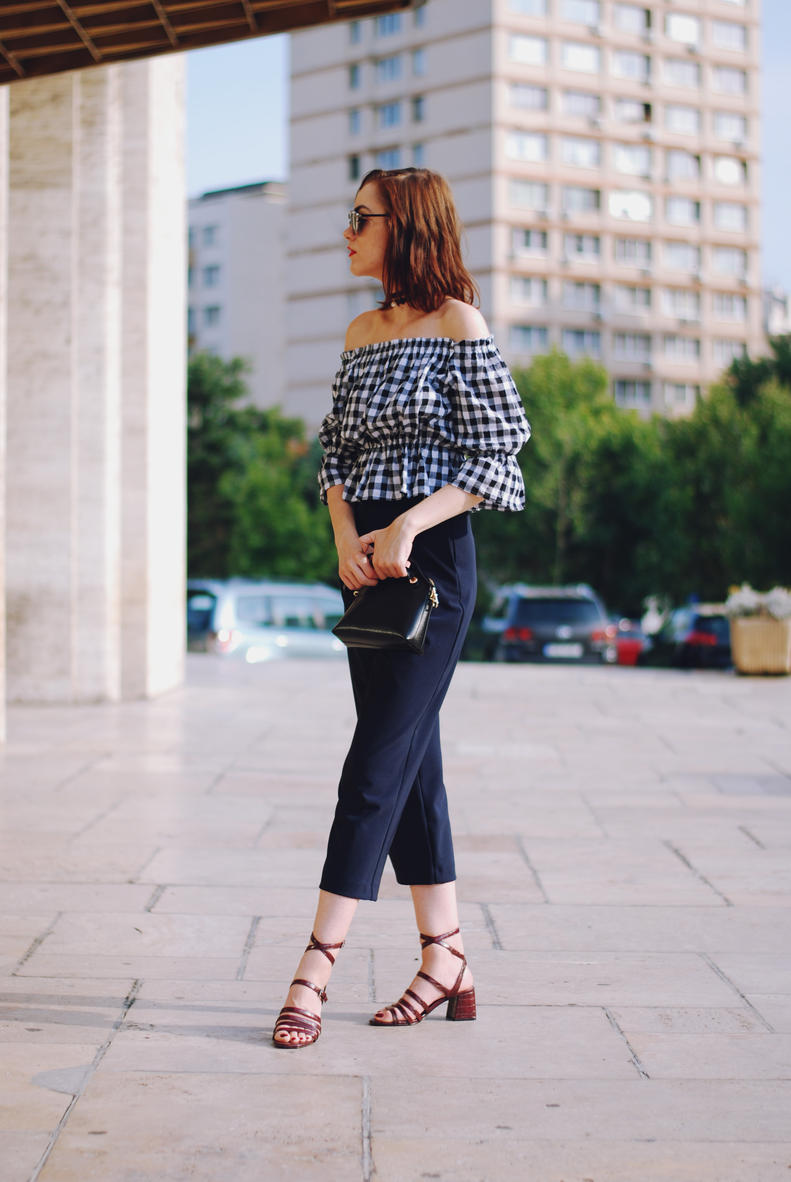 Navy culottes, gingham off shoulder top, chocker, furla crossbody bag, strappy sandals, mirrored sunglasses, cute summer outfit, Andreea Birsan