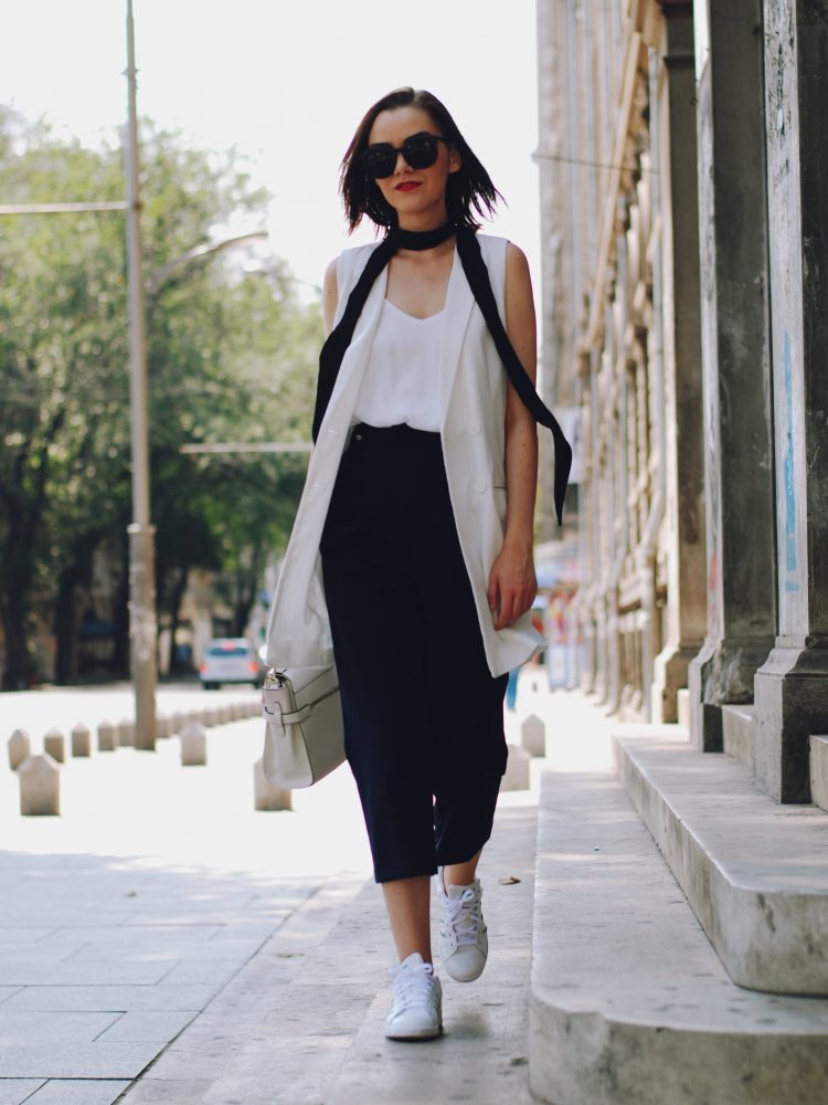 Skinny scarf, white camisole, white waistcoat vest, zara navy culottes, white crossbody bag, stan smith white sneakers, sunglasses, cute summer outfit, Andreea Birsan