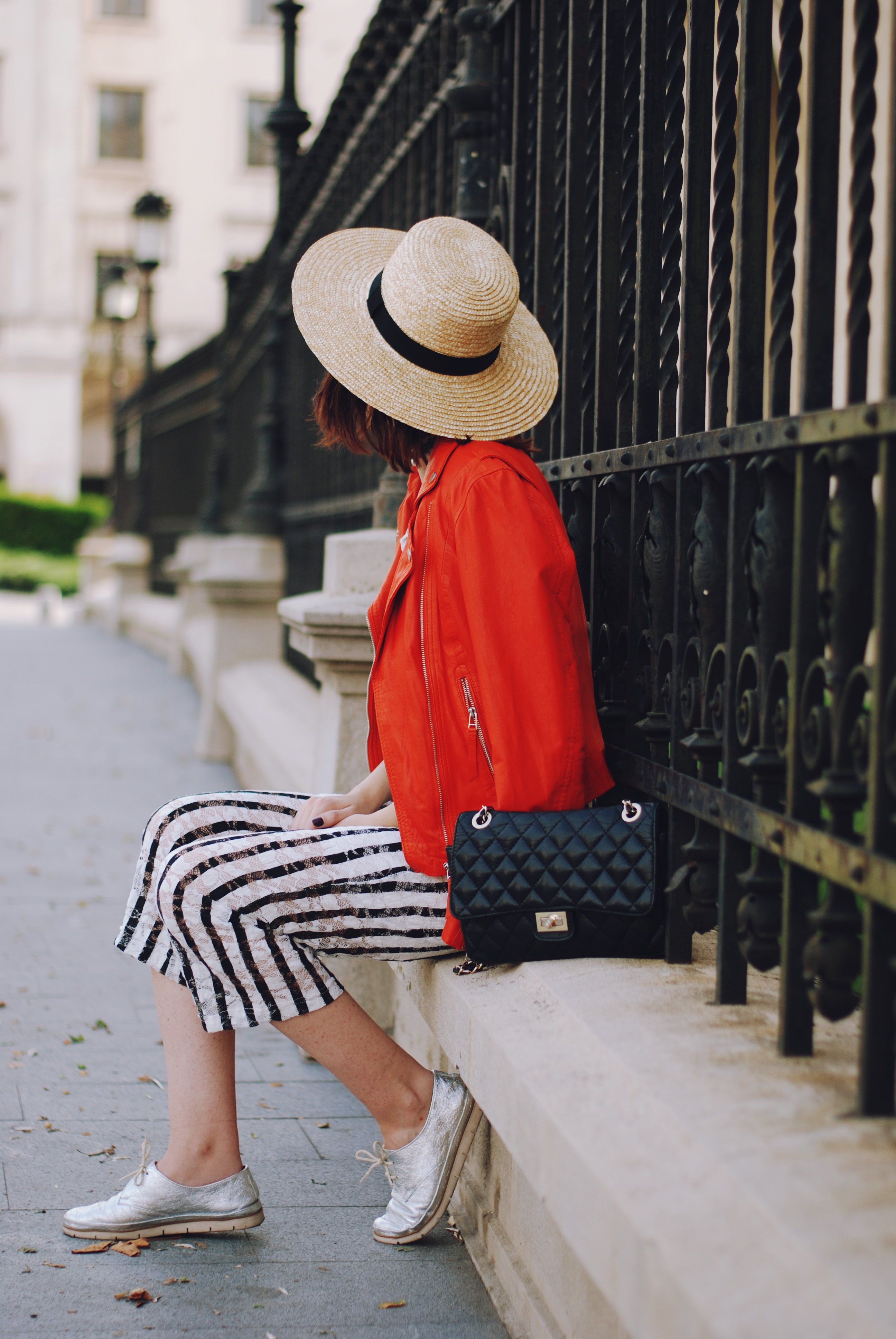 Striped jumpsuit, orange leather jacket, straw hat, chocker, crossbody bag, sunglasses, silver metallic shoes, belt, cute summer outfit, Andreea Birsan