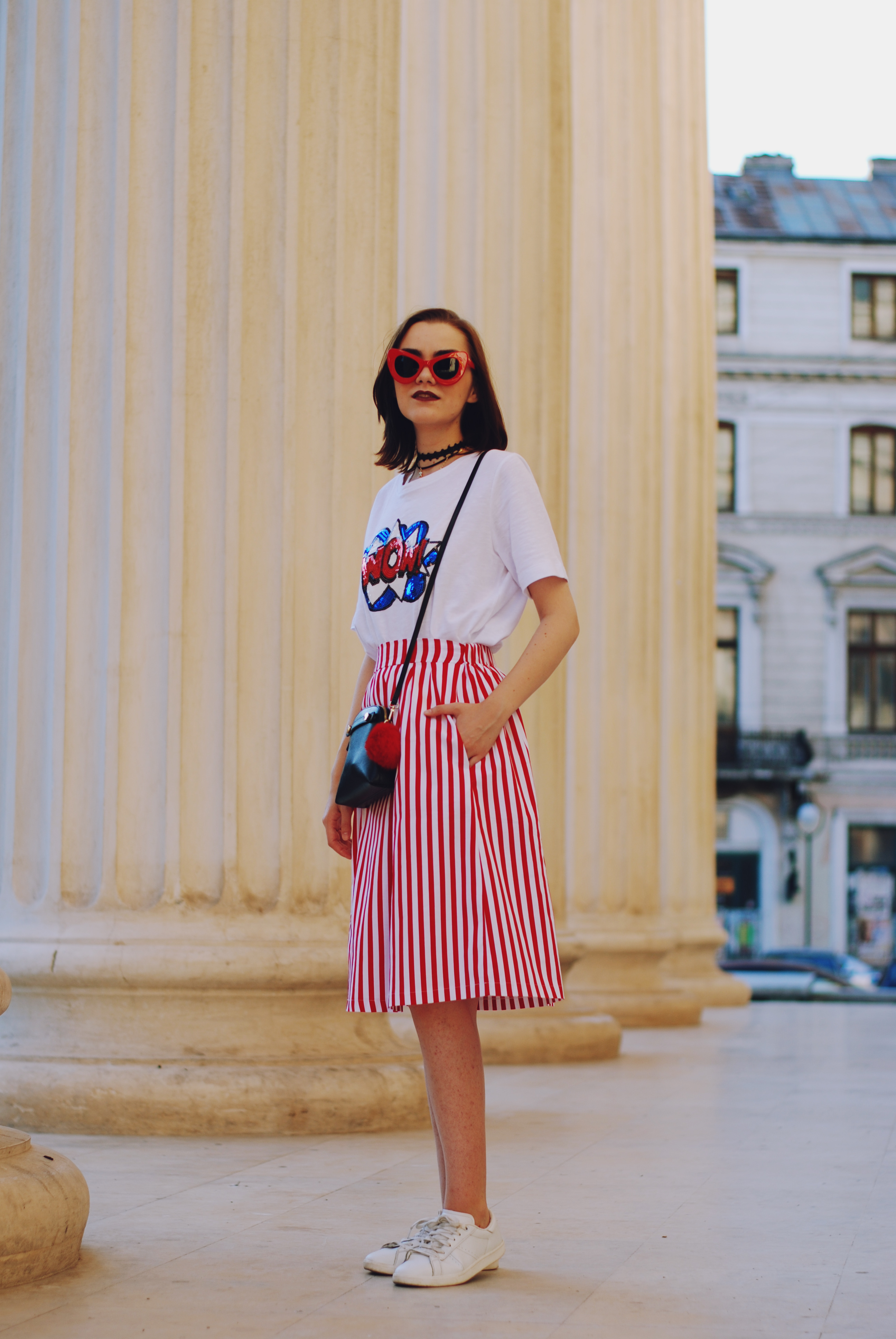 Striped midi skirt, red sunglasses, furla mini crossbody bag, sequin tshirt, chocker, pom pom, white sneakers, cute summer outfit, Andreea Birsan