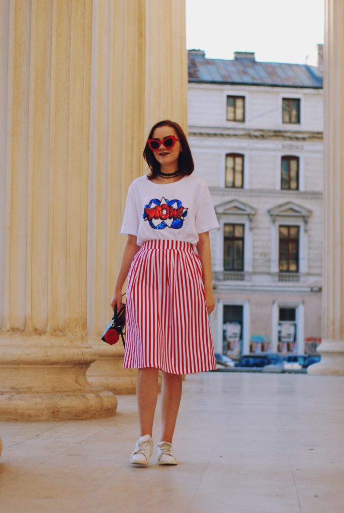 Striped midi skirt, red sunglasses, furla mini crossbody bag, sequin tshirt, chocker, pom pom, white sneakers, cute summer outfit, Andreea Birsan