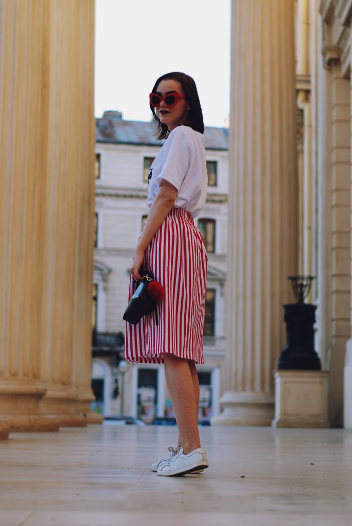 Striped midi skirt, red sunglasses, furla mini crossbody bag, sequin tshirt, chocker, pom pom, white sneakers, cute summer outfit, Andreea Birsan