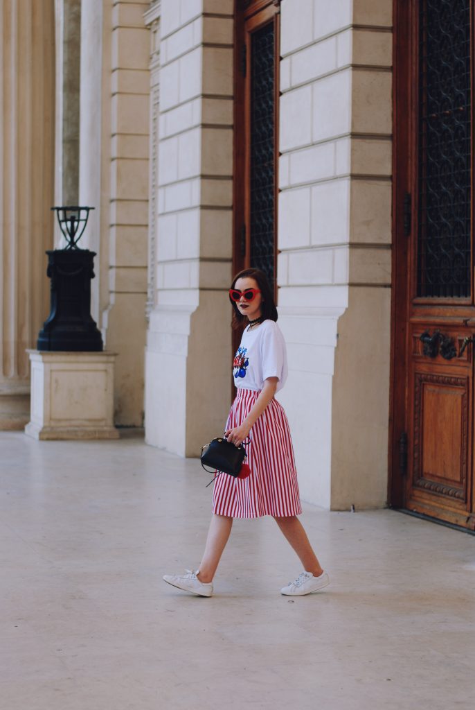 Striped midi skirt, red sunglasses, furla mini crossbody bag, sequin tshirt, chocker, pom pom, white sneakers, cute summer outfit, Andreea Birsan