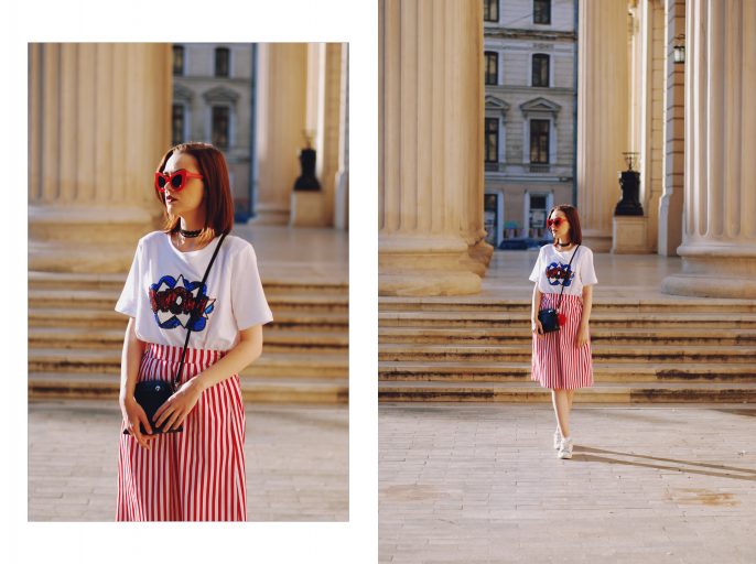 Striped midi skirt, red sunglasses, furla mini crossbody bag, sequin tshirt, chocker, pom pom, white sneakers, cute summer outfit, Andreea Birsan